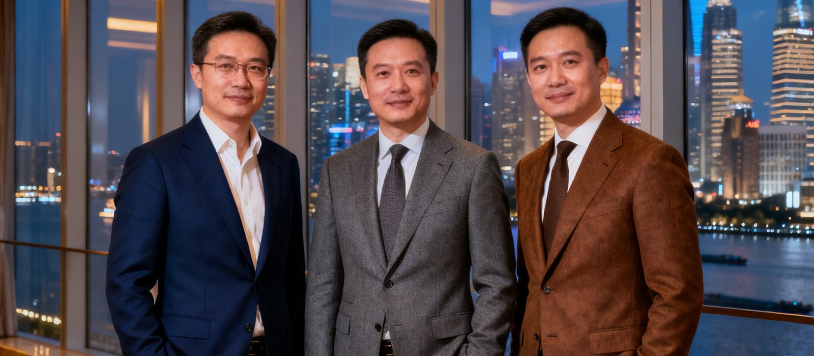 PA贵宾厅三位创始合伙人的合影，他们分别穿着深蓝色、灰色和棕色的定制西装，站在陆家嘴场馆的落地窗前，窗外是黄浦江的夜景