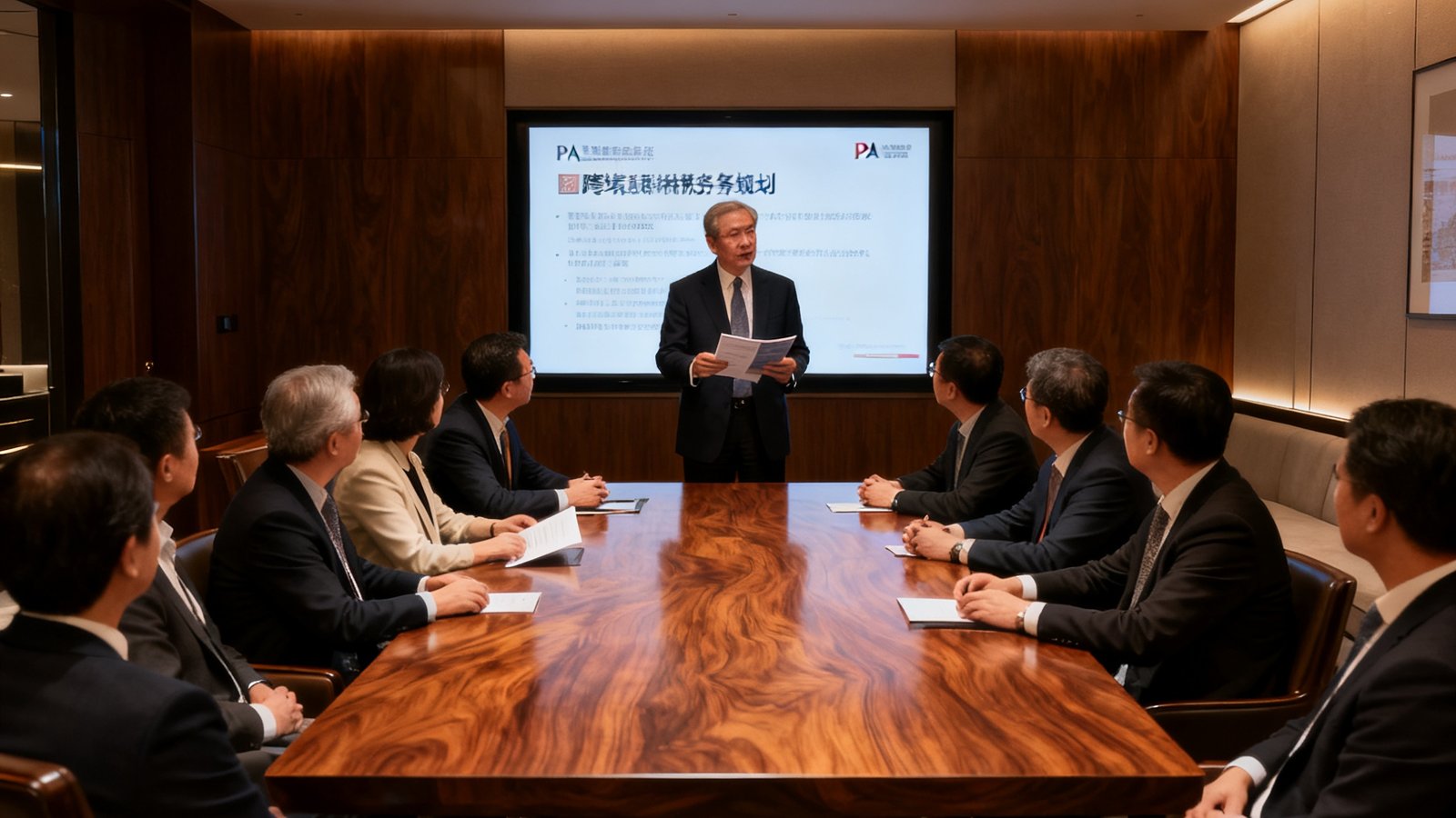PA贵宾厅的私密财富沙龙现场，十二位高净值客户围坐在胡桃木长桌旁，资深经济学家正在讲解跨境税务筹划方案，柔和的暖色灯光营造出私密而专业的氛围