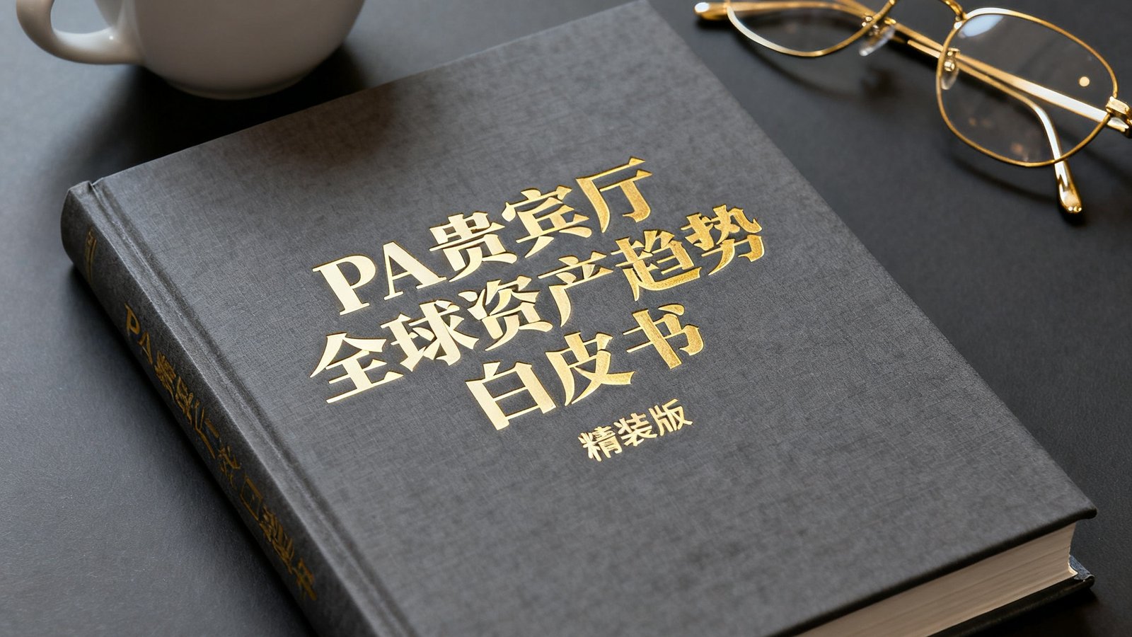 PA贵宾厅发布的全球资产趋势白皮书精装版，封面采用深灰色烫金工艺，旁边摆放着一杯意式咖啡和一副金丝框阅读眼镜，彰显专业格调