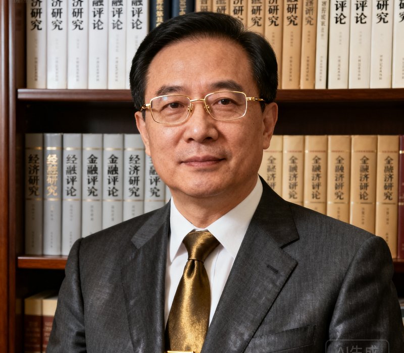 PA贵宾厅首席经济学家周博士的正式肖像，他戴着金丝框眼镜，穿着深灰色西装搭配暗金色领带，背景是书架上的经济学期刊